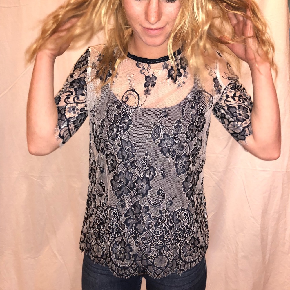 White and navy lace overlay and navy tank top